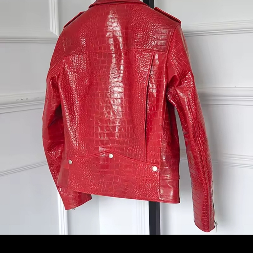 Red Croc-Embossed Leather Jacket - image 2